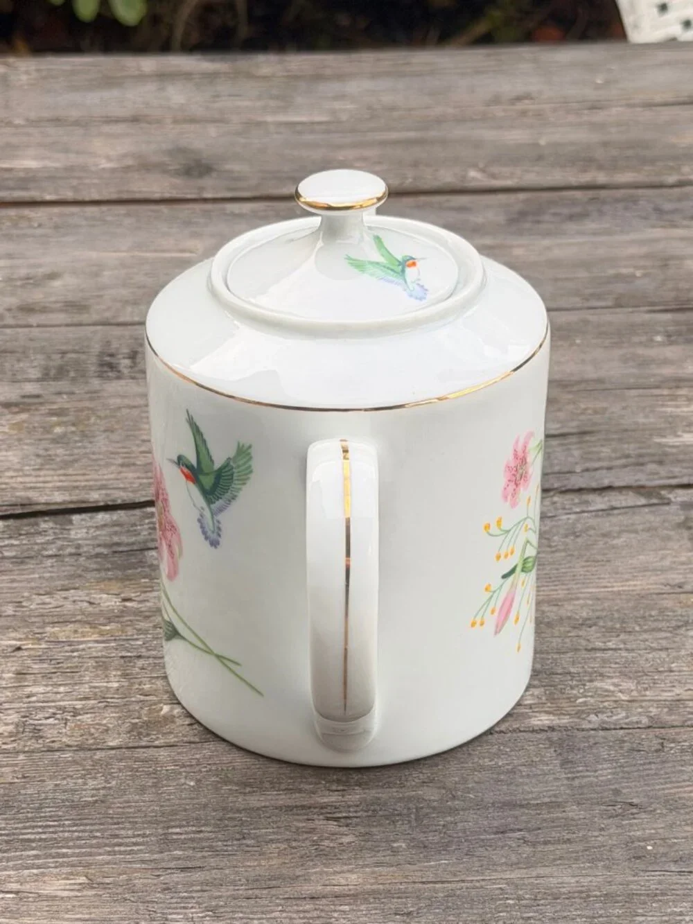 Vintage MCM White Porcelain Teapot with Hummingbird & Pink Lily Flowers Japan